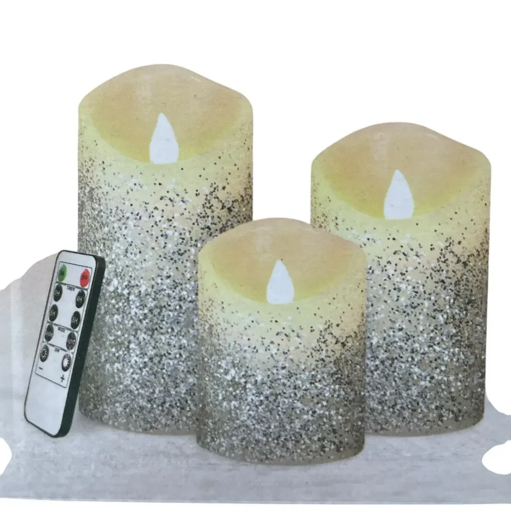 Set of 3 Silver Glitter Flameless LED Candles Battery Operated Holiday Decor NEW